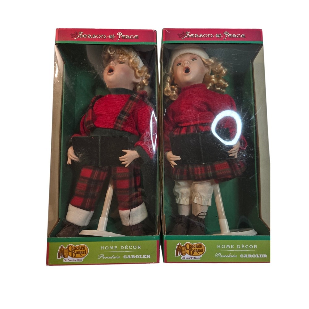 VINTAGE CRACKER BARREL ORIGINAL LOGO BISQUE BOY & GIRL DOLL CHRISTMAS CAROLERS